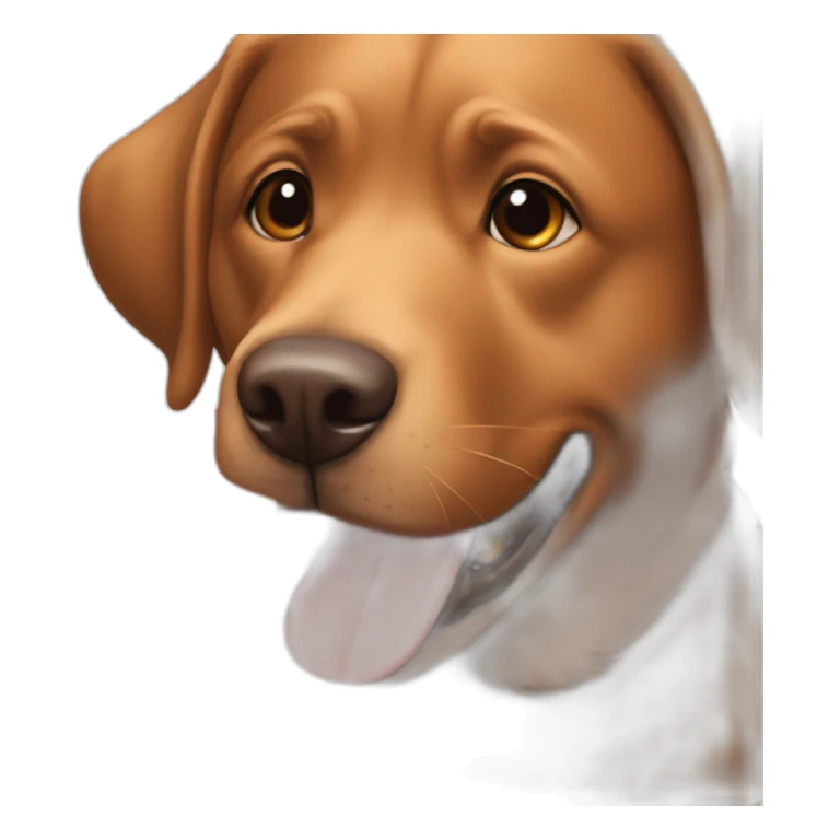 Brown lab dog with orange collar eating sticker