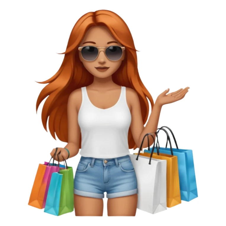 Mujer joven con cabello largo cobrizo gafas de sol vestida con top blanco y short de jean con bolsas de compras de sephora sticker