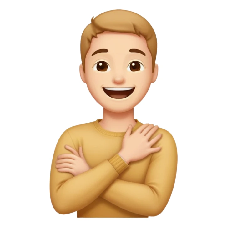 person crossing arms holding neck with a laughing face sticker