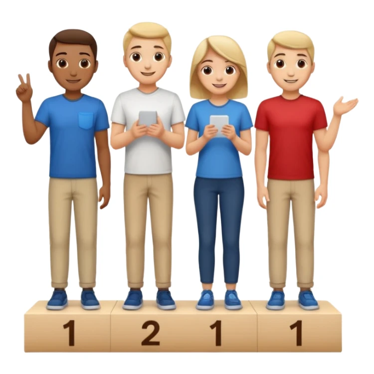 show people on podium in first, second and third place. The podium should be labeled 2, 1, 3. The middle position should only have the number 1.  the people should be dressed causally in regular relaxed clothes

 sticker