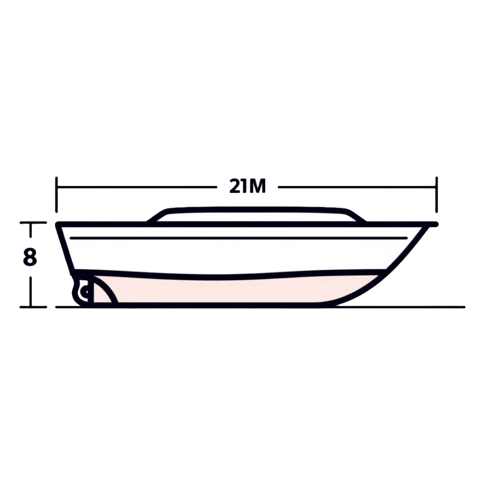 technical diagram of 8 meter boat hull with measurement marked sticker