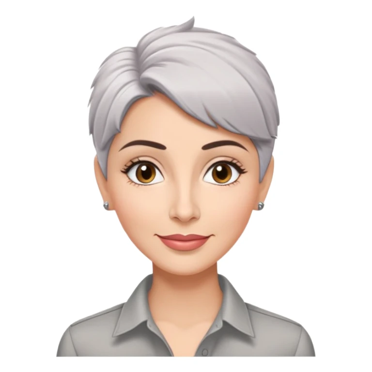 Puerto Rican actress Marian Pabón with elongated face, light pinkish skin, almond-shaped expressive eyes, straight nose, well-defined lips with wide smile, arched eyebrows, pronounced cheekbones, short spiky gray hair like a man's cut, wearing a white buttoned shirt sticker