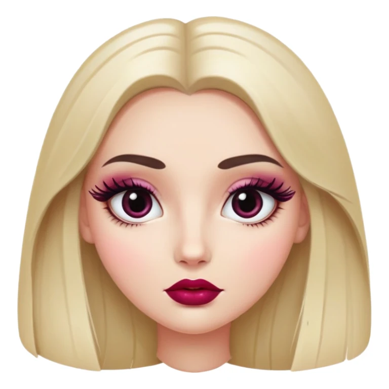 White girl with oval face, huge round black eyes, big eyelashes, berry colored lips, shiny full lips, face closeup, long straight middle-parted hair sticker