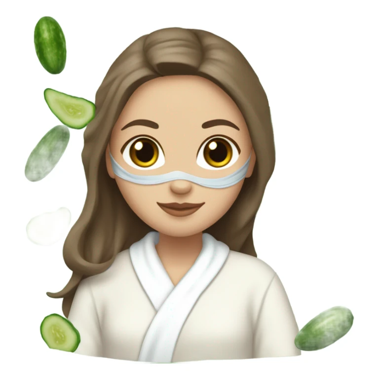 White girl with Brown hair and blue eyes wears a Green colored mask clay textured mask and puts on cucumbers around her eyes while She relaxes in her white Robe sticker