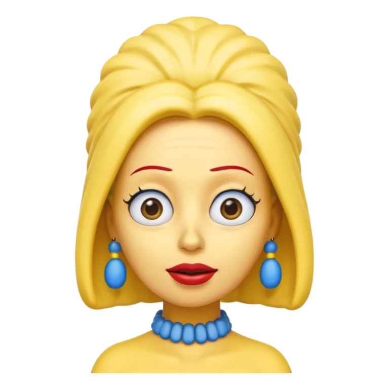 3D emoji head-only, smooth plastic, soft studio light, big round eyes, bold outline, centered, transparent bg,
Marge Simpson, yellow skin, tall cylindrical blue beehive hair, red bead necklace, overbite, no earrings, no eyelashes, no blonde hair sticker