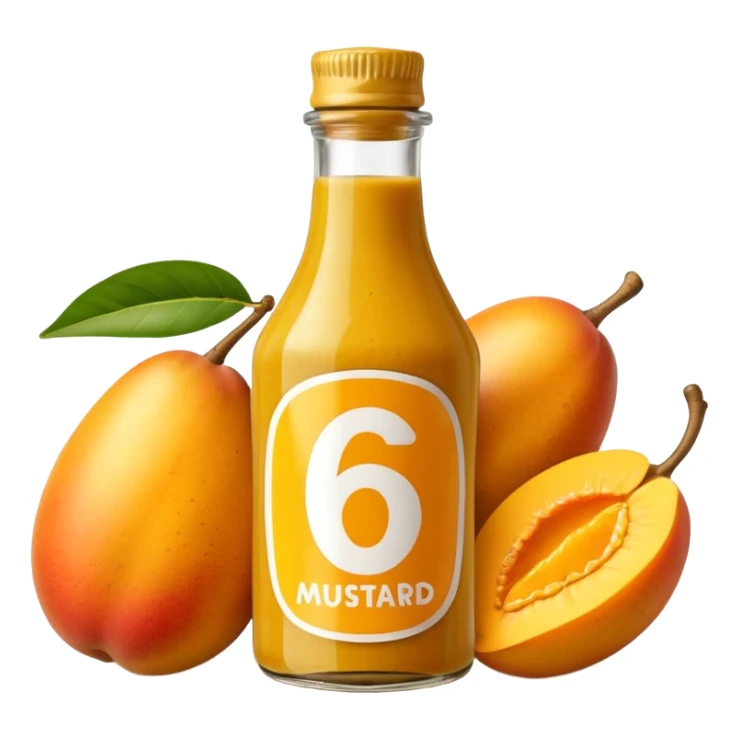 Bottle of mustard that says 67 with mangoes next to it sticker