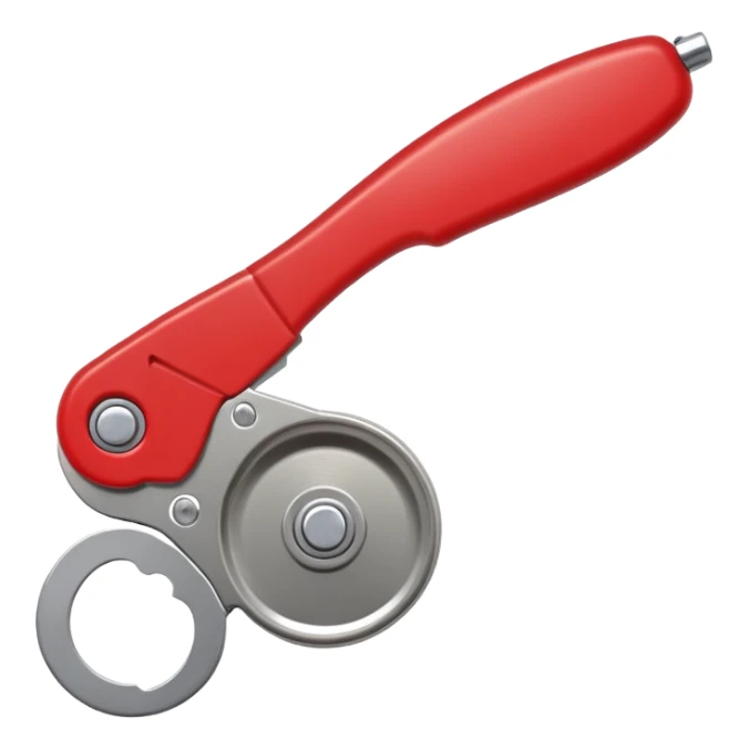 kitchen can opener tool with red handle and metal cutting wheel sticker