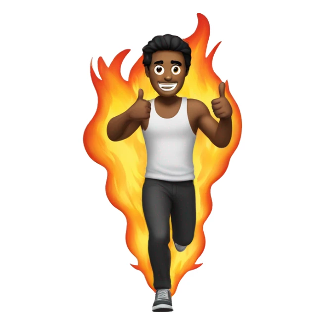 a man running with black hair and his thumbs up with fire behind him sticker