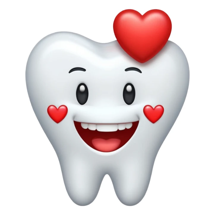 white tooth with a small red heart, simple and friendly emoji style sticker