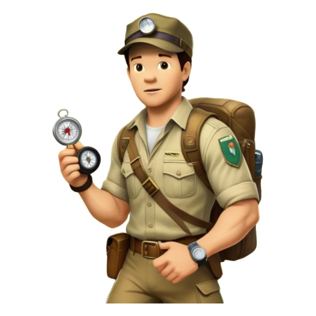 A vintage movie poster-style collage. Include action-packed elements like a treasure map, jungle scenes, a rugged explorer with a compass and a speeding jeep. Add a shadowy figure resembling close-up Mark Wahlberg in adventurous gear. Jungle background. Transparent background. sticker