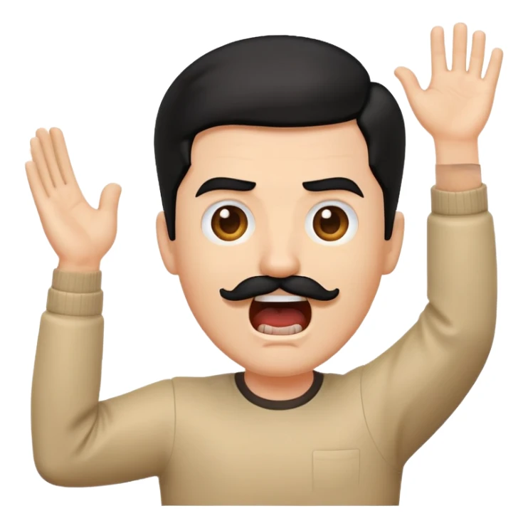A screaming white emoji man with sideswept black hair, a rectangular mustache, lifting up his right arm with an open palm sticker