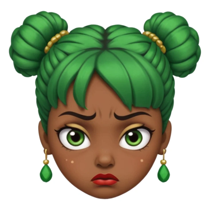 Create a 3D cartoon-style girl character with dark skin, round face, angry expression, big wide eyes, and tightly styled double buns made of green beaded hair. The girl should look irritated, eyebrows sharply angled, and lips pressed in a frown. sticker