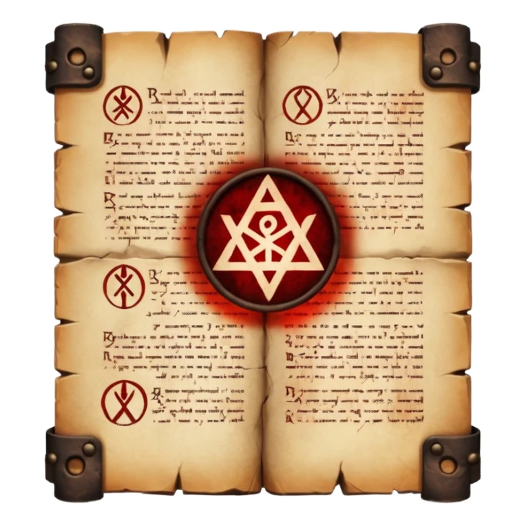 Ancient scripture page burned at the edges, cursed runes glowing faint red sticker