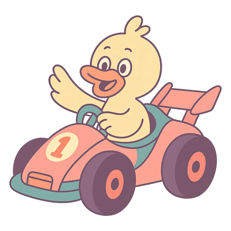 cartoon duck driving a race car in pastel toon style sticker