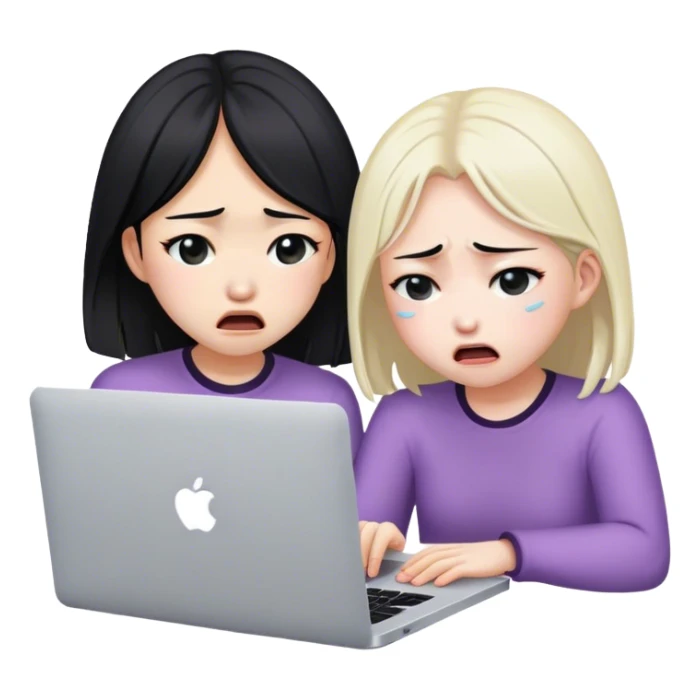 two asian girls crying in front of macbook sticker