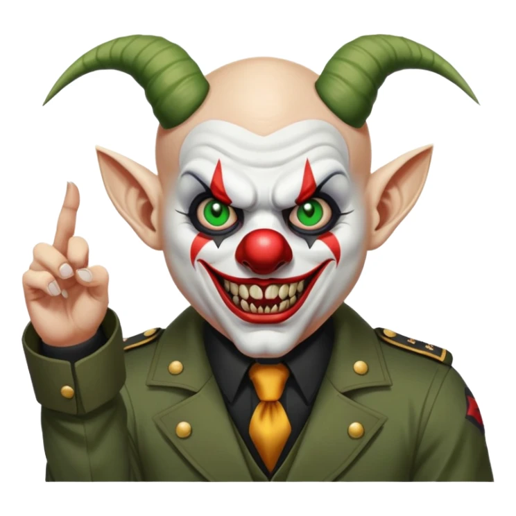 evil clown, bald, short goat horns on forehead, fangs, pointed ears, black and military green leisure suit, battle-ready fighting posture sticker