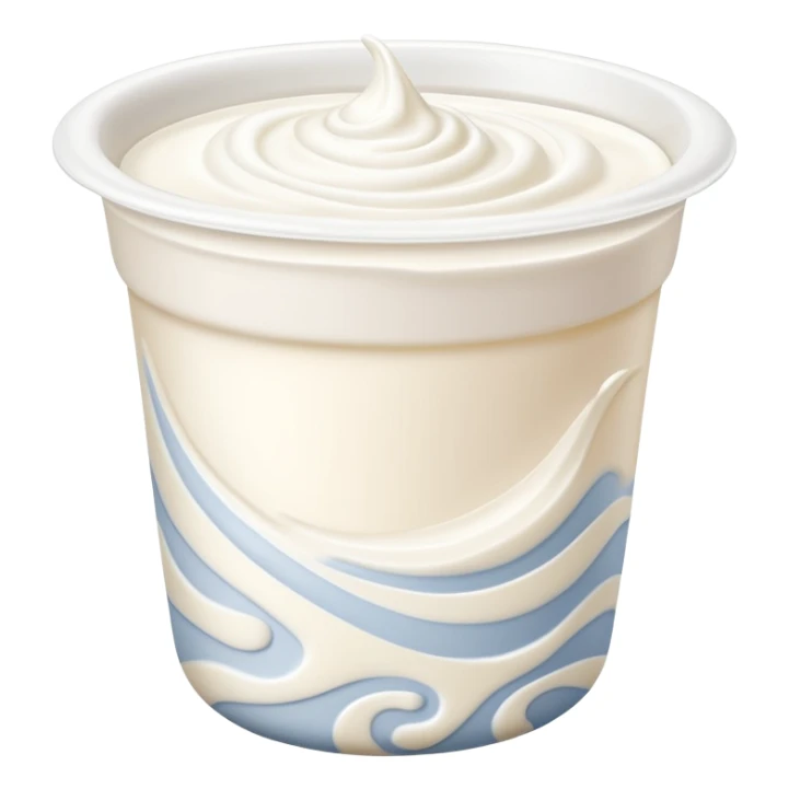 open cup of thick Greek yogurt with smooth creamy white surface and soft swirls forming gentle peaks, rich dense texture, slightly matte with natural sheen, plain unbranded white container with subtle curve, no spoon or garnish, soft lighting, subtle shadows, emoji scale sticker