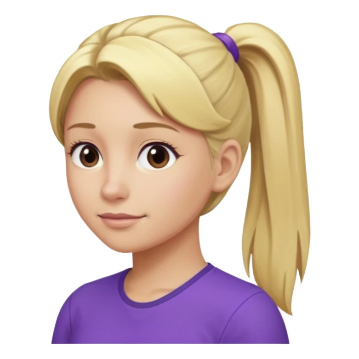 Blond woman with pony tail and purple shirt sticker