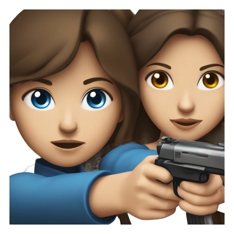 Blue-eyed brunette taking aim with a brown-eyed brunette sticker