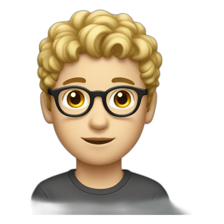 a fair-skinned boy with short-cut sides and a curly top with white glasses and a black cat iOS emoji sticker