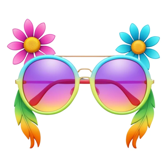 3D, psychedelic colored sunglasses with hippie style flowers sticker