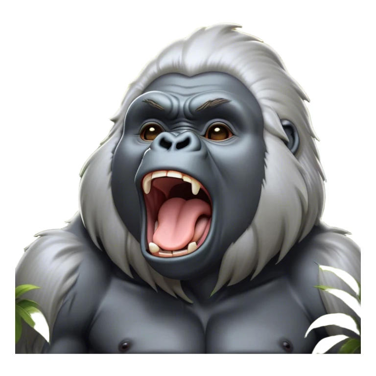 Cinematic Cute Yawning Silverback Gorilla Portrait Emoji, Head tilted slightly with a dramatic, wide-open yawn, showcasing a formidable build with a silvery mane and drowsy, half-closed eyes, Simplified yet irresistibly adorable features, highly detailed, glowing with a soft, cozy jungle glow, high shine, relaxed yet expressive, stylized with a dash of whimsical primate charm, soft glowing outline, capturing the essence of a drowsy yet affectionate guardian that appears ready to stretch out for a nap! sticker
