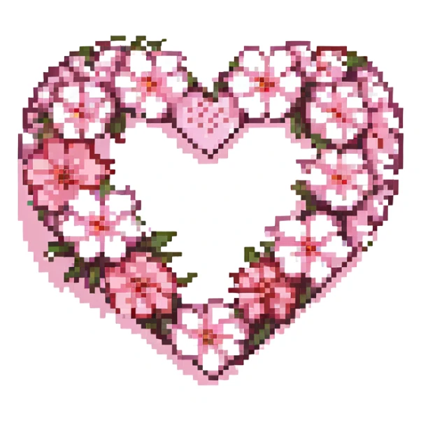 pink heart with sakura flowers, pixel art style sticker