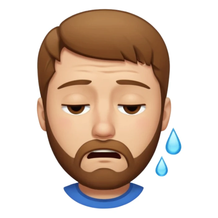 A man with light brown hair and a short brown beard making a wah cry face with eyes closed sticker