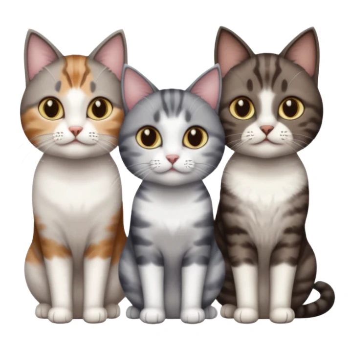 3 different coloured short haired cats including; a dark brown tabby and white cat, and a dark grey and white  sticker