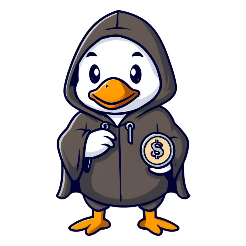 A cool duck wearing a black hooded cloak holding a silver coin sticker