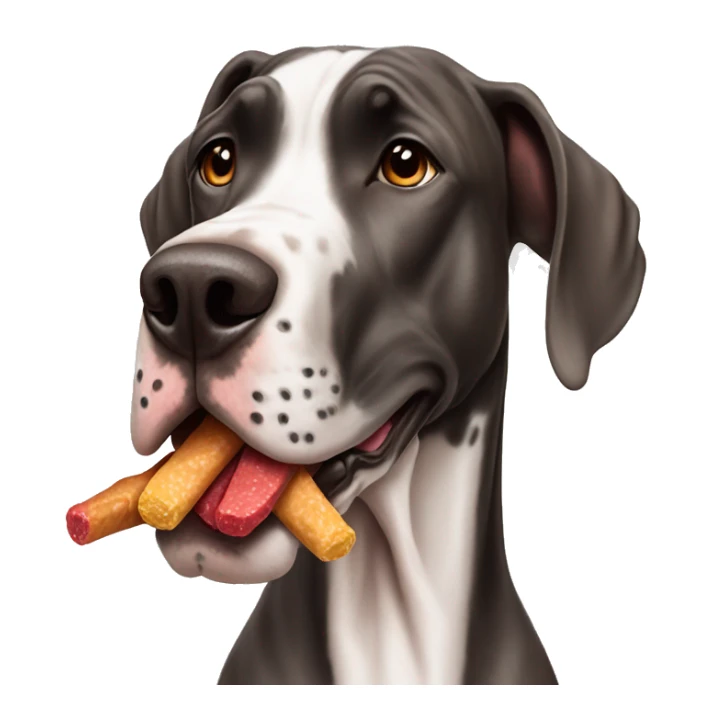 Great Dane spotted with reddish brown color holding a treat in mouth sticker