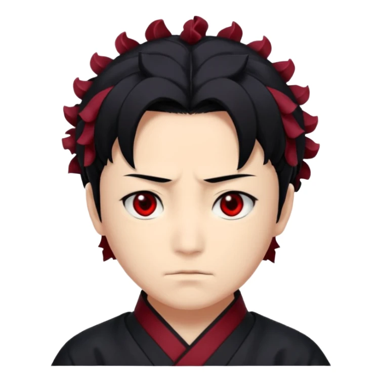 Tanjiro Kamado has a kind, yet determined, appearance with ruffled, black hair that has red/burgundy tips. His most prominent facial features are his wide, dark red eyes and a distinctive scar on the top left of his forehead. sticker