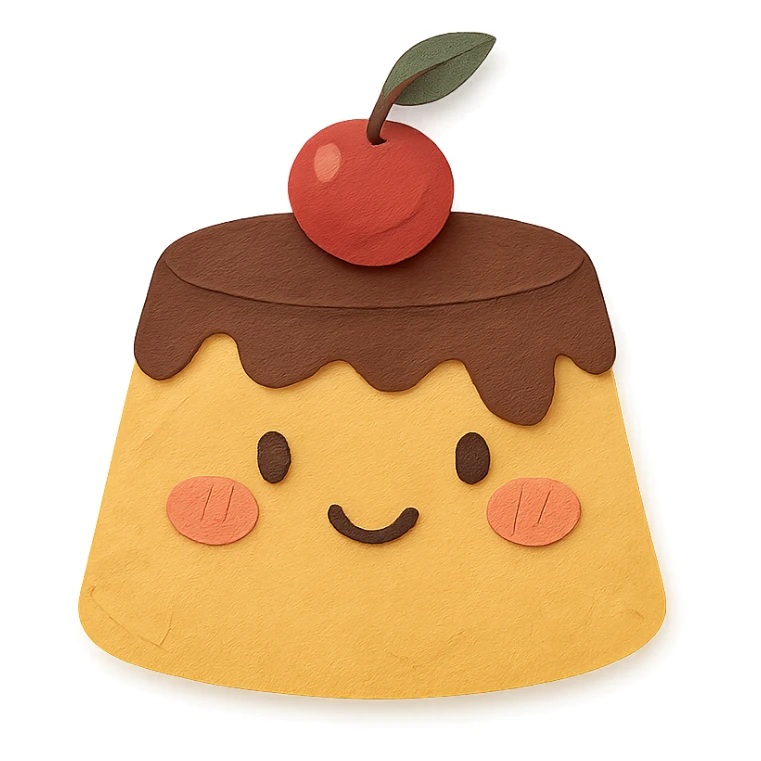 shy pudding with blushing cheeks, cherry on top, creamy soft background, paper craft style sticker