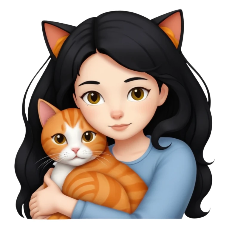 A black-haired girl hugs a ginger cat and A black cat sticker