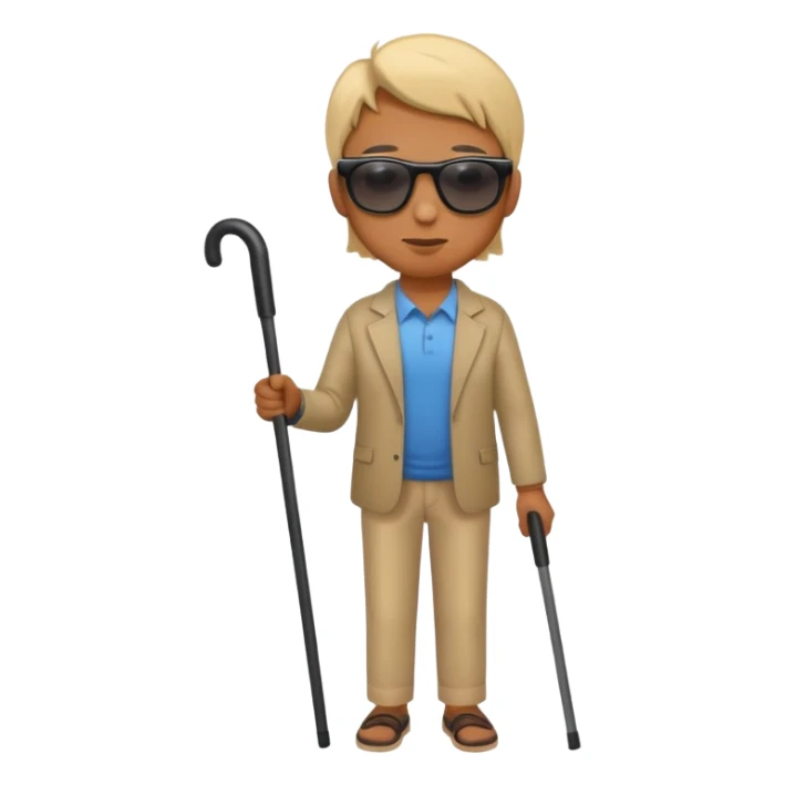 A blind person wearing sunglasses and holding a guide cane sticker