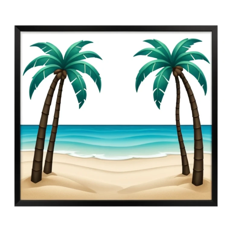 very dark green palm trees on light beige sand, surrounded by azure water, no text sticker
