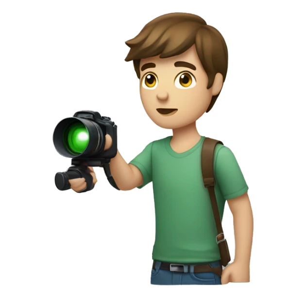 A young man holds a camera with a flash in his hands.He has shoulder-length brown hair.His eyes are green.Dressed in a shirt. sticker
