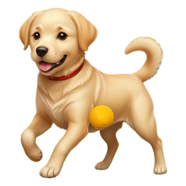 A Labrador Retriever playing fetch with a ball in a backyard garden, mid-action with joyful expression. Natural sunlight, realistic motion blur, outdoor realism. sticker