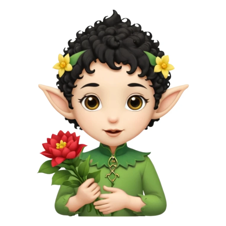 Tiny elf baby black curly hair with pointy ears, hold flowers sticker