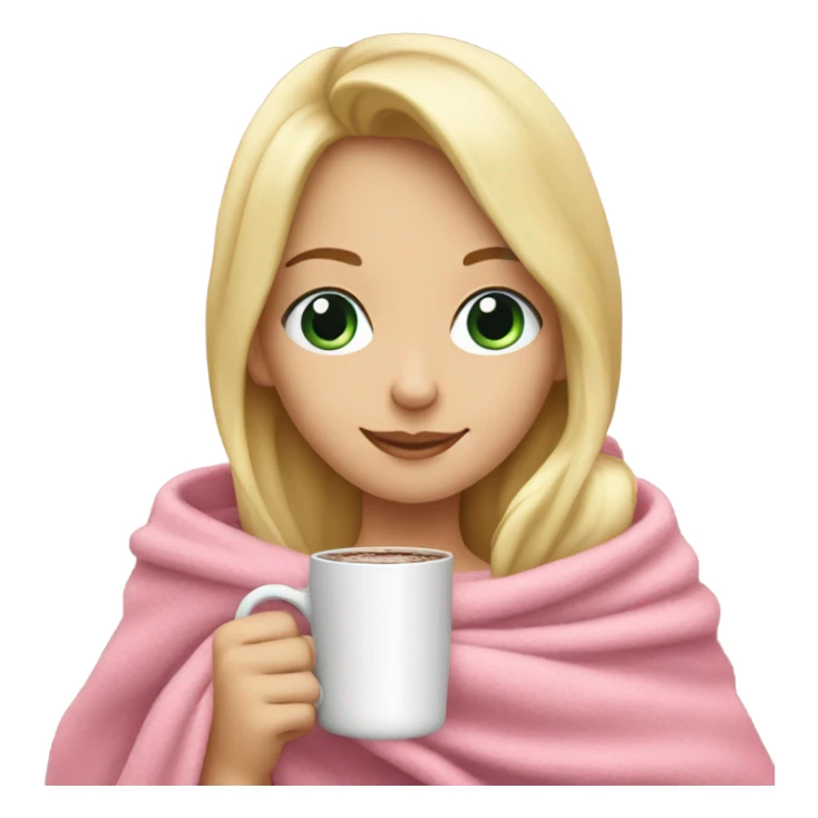 Pretty blond girl with pink blanket holding hot chocolate sticker