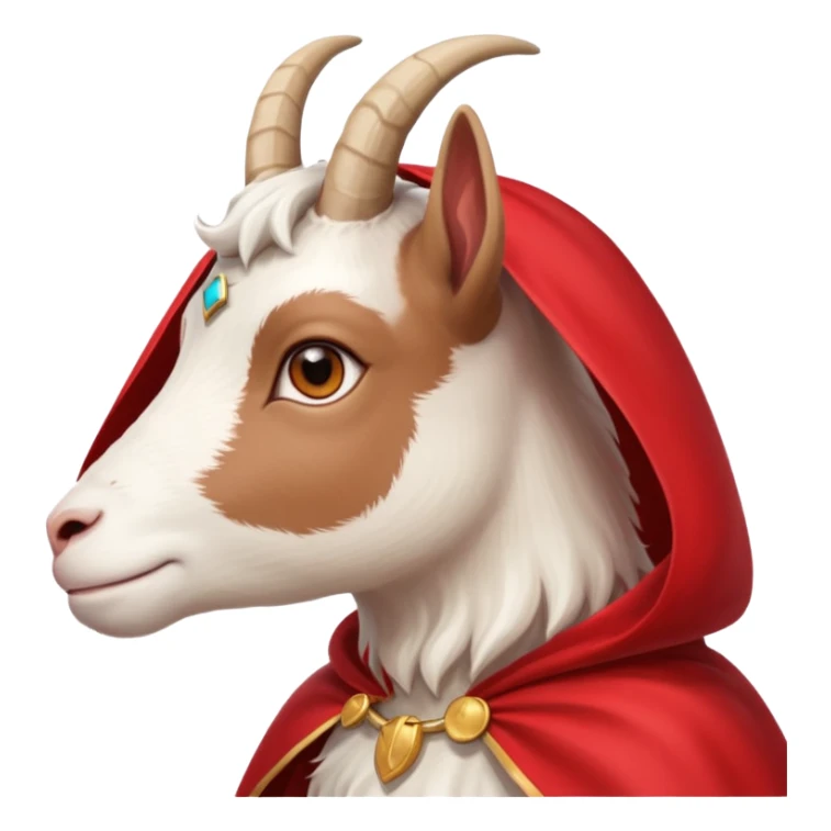 side view of white female goat wearing a read cape like superman sticker