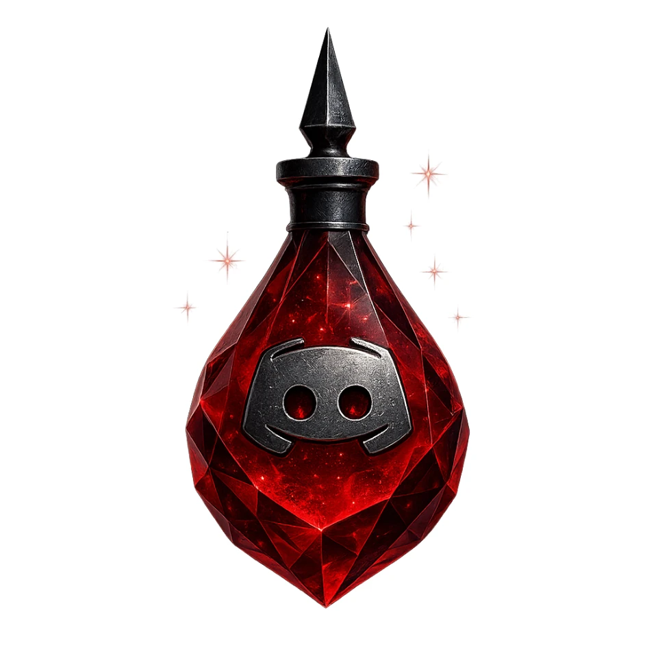 luxurious crystal elixir bottle in the shape of a drop, inspired by Discord, edgy and cool vibe, deep red color, black and silver details, magical glowing and sparkling effects, very small neck, seamless bottom, transparent background, bottle clearly floating in air, no base or shadow, modern, collection style sticker