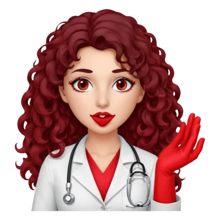 Lilith scalpel in hand, evil surgeon sexy surgeon clothes.  She has red eyes. She has dark brown long curly hair. Wears sexy doctor outfit with red gloves. Covers mouth neck and nose with red litham only covering under her nose to hide her identity sticker