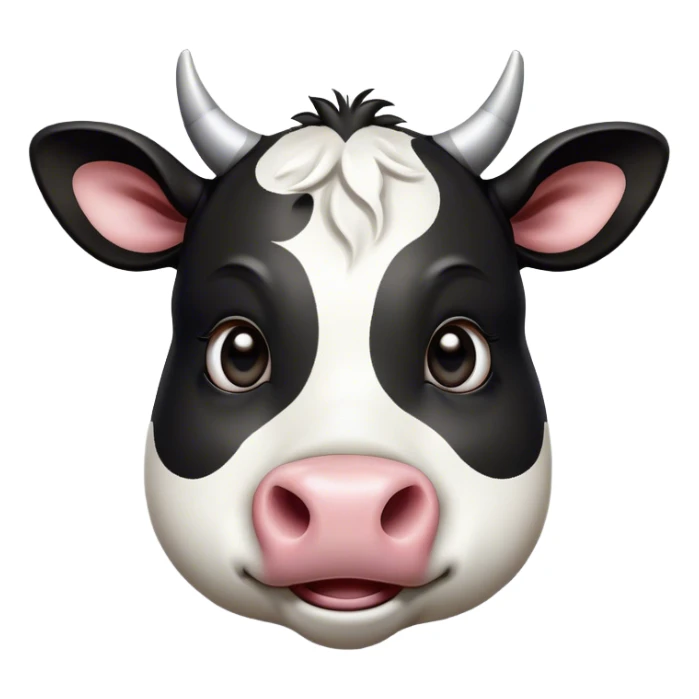 Cinematic Comical Black and White Cow Portrait Emoji, Head tilted dramatically with an exaggeratedly amused expression, featuring a striking, glossy coat of bold black and white, wide, expressive brown eyes filled with playful disbelief, Simplified yet hilariously expressive features, highly detailed, glowing with a slightly sassy glow, high shine, dramatic yet playful, stylized with an air of cheeky mischief, bright and endearing, soft glowing outline, capturing the essence of a spirited and over-the-top cow, so meme-worthy it feels like it could moo its way into internet fame instantly! sticker