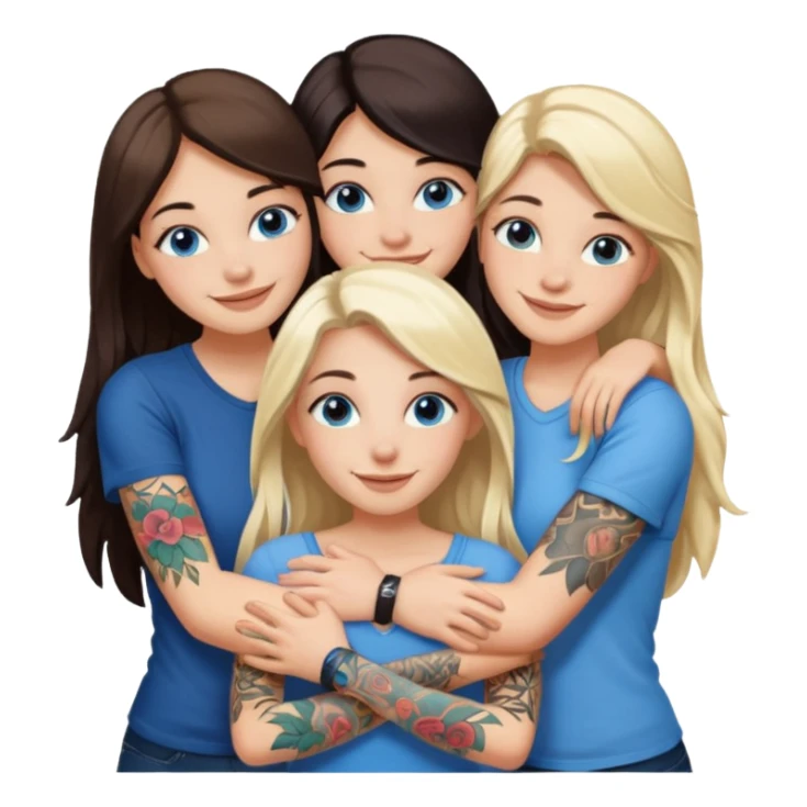 four white girlfriends hugging and smiling    2 women with brown eyes and long dark  hair. Two women with blue eyes and light blonde hair. They like tattoos and getting in trouble  sticker