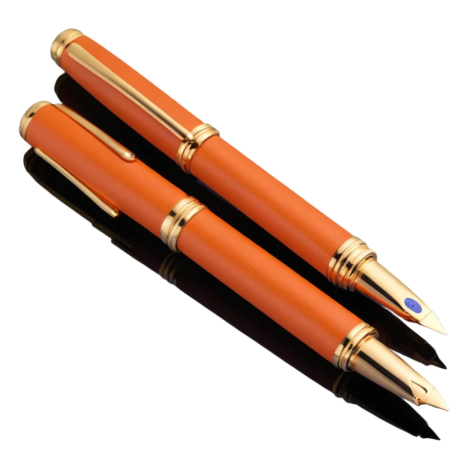 luxury 3D fountain pen, brown leather body, Hermès orange stitching, gold clip, elegant, no text sticker