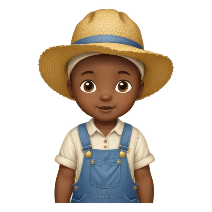 African baby in vintage countryside clothes, overalls, straw hat, chubby cheeks, rural farm setting sticker