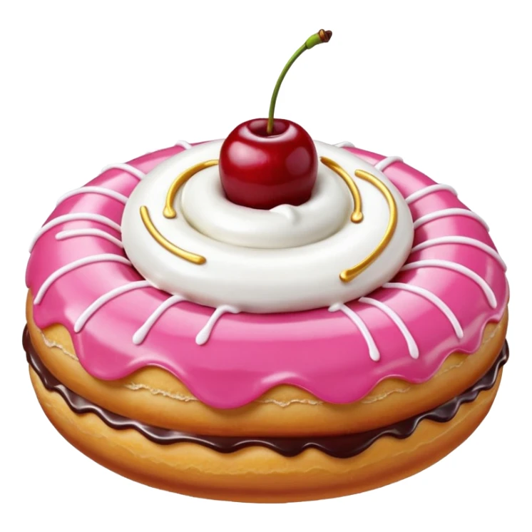 Round donut with smooth shade pink icing and thin white drizzle lines, golden-brown dough visible on the sides.
White whipped cream dollop in the center topped with a glossy red cherry and stem, clean studio lighting, pure white background, realistic minimal emoji-style. sticker
