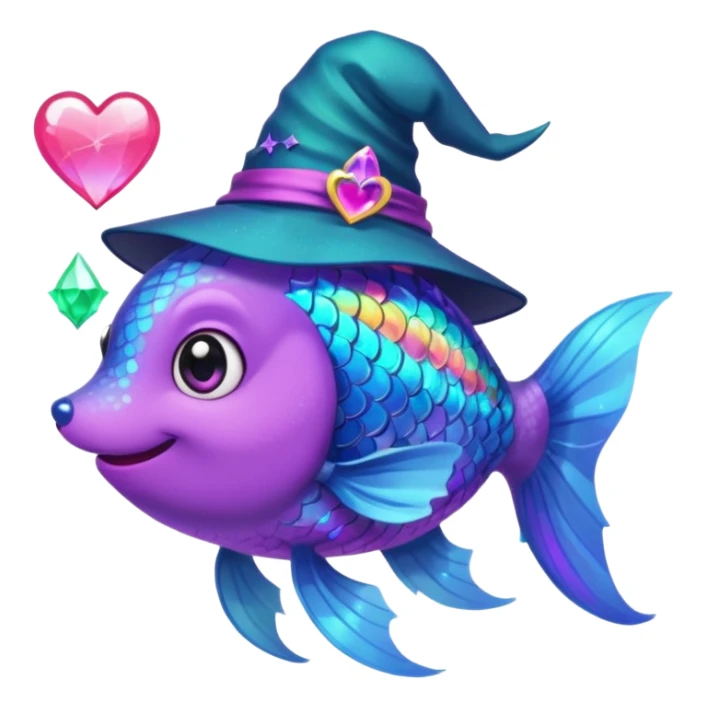 Make the rainbow fish glow with a magical aura and change the blue fox to a neon teal color, keep the purple sparkly witch hat, magical background, and big pink heart in vibrant toon style. sticker