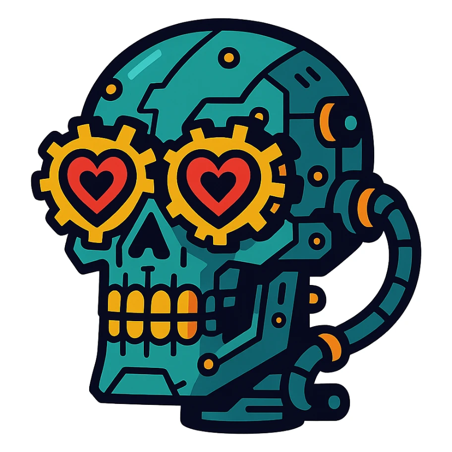 cyber skull with steampunk heart eyes sticker